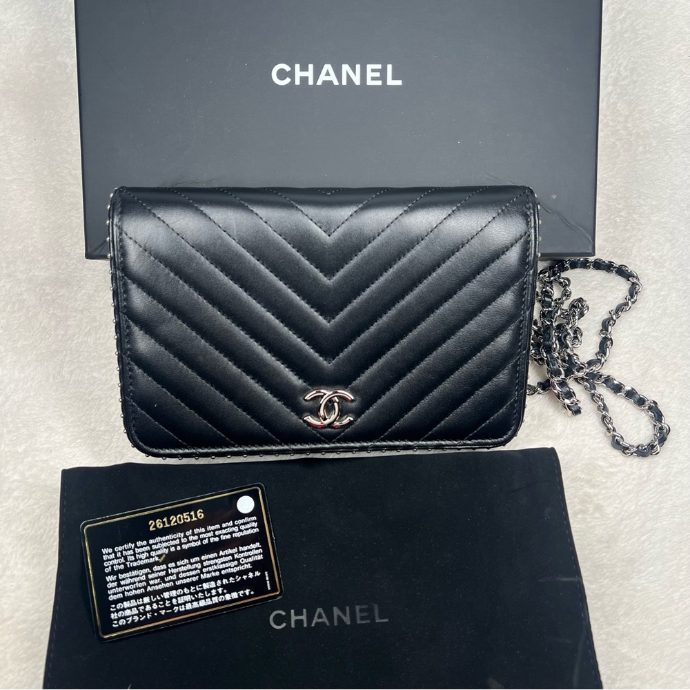 Chanel Black Lambskin Chevron Studded Wallet On Chain Bag